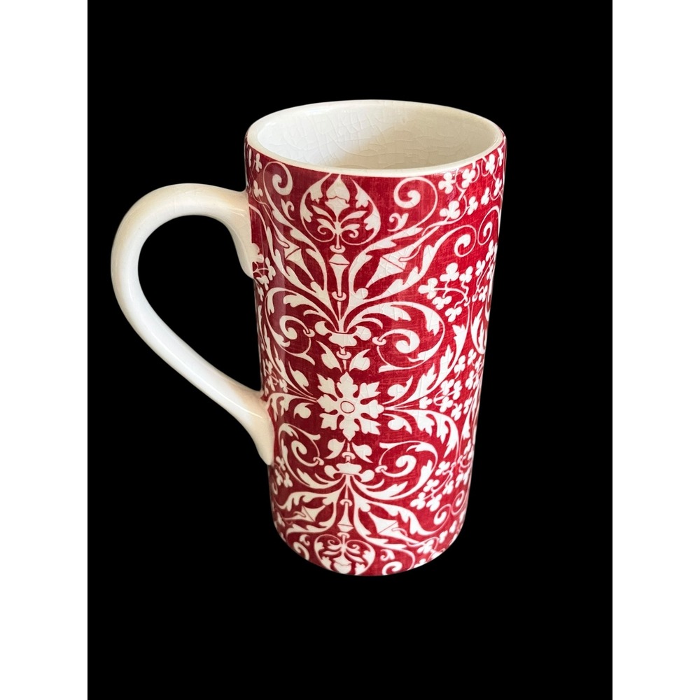 Williams Sonoma Red White Damask Floral Tall Coffee Mug Ceramic Crazing Glaze